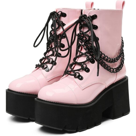 ⚡Women’s 4pink Combat Lightweight Side Zipper Ankle High Heel Chunky Boots - Picture 1 of 6